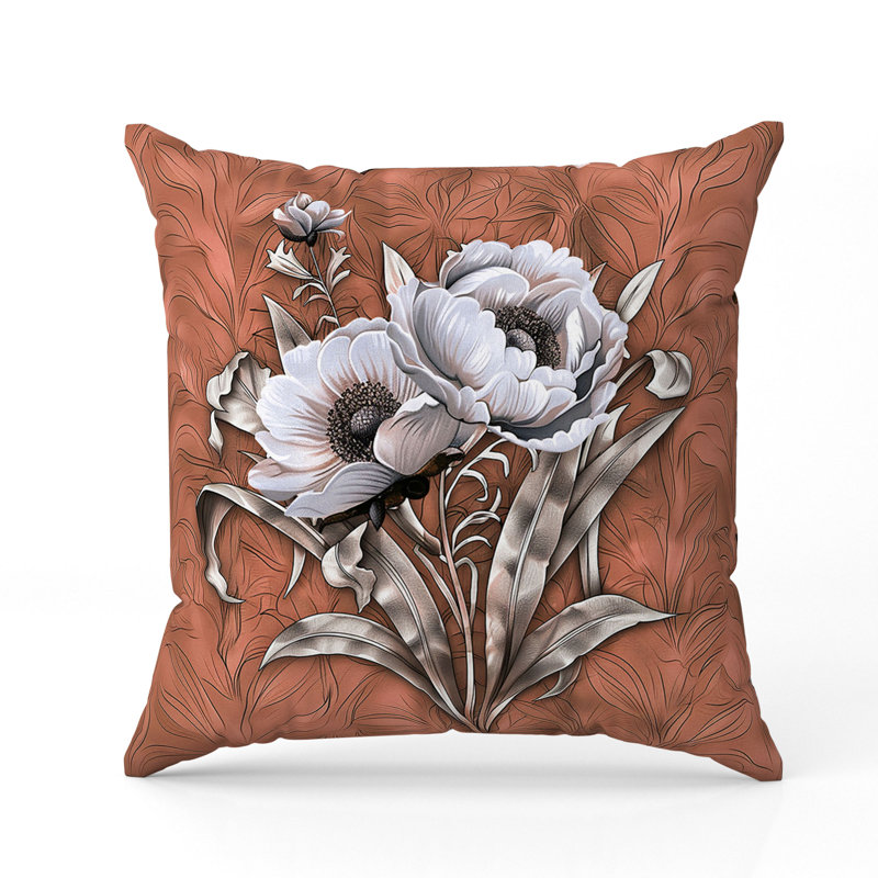 Coussin Peony, Orange/crème, H 16 po x l 16 po