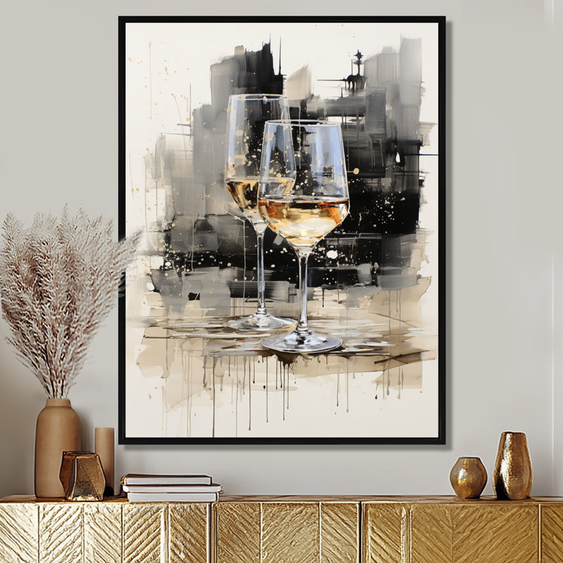 Verre noir et blanc Essence II - Champagne, art mural, H 32 po x l 24 po x P 1 po, Cadre flottant noir