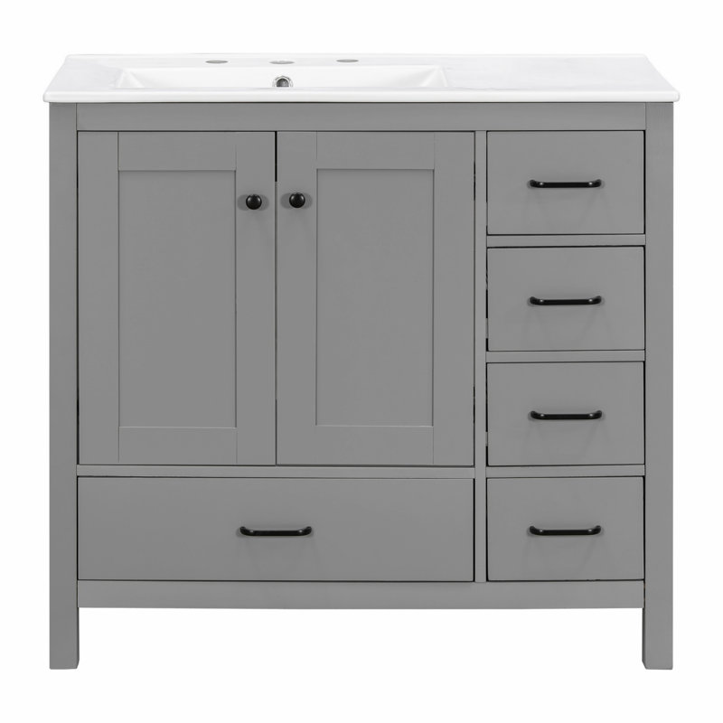 Meuble-lavabo pour salle de bain avec lavabo en céramique, 5 tiroirs et 2 portes à fermeture en douceur, Gris