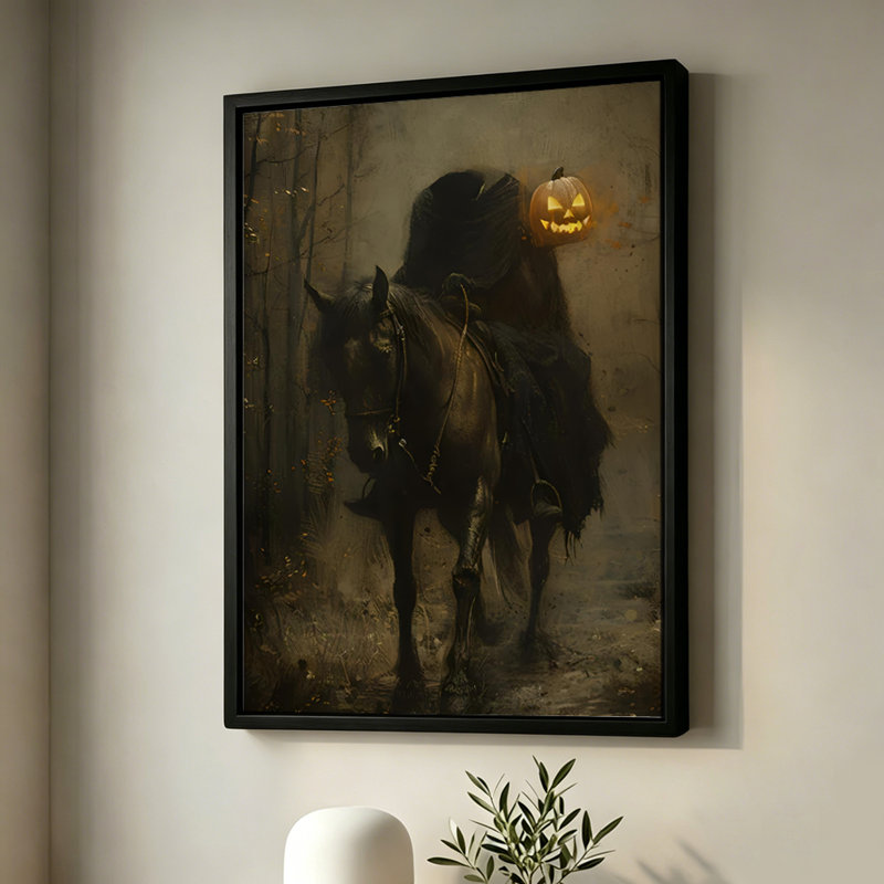 Cheval noir d'Halloween portant une citrouille lumineuse, tableau sur toile encadré, cadre blanc, 61 x 91 cm, 24x36, White