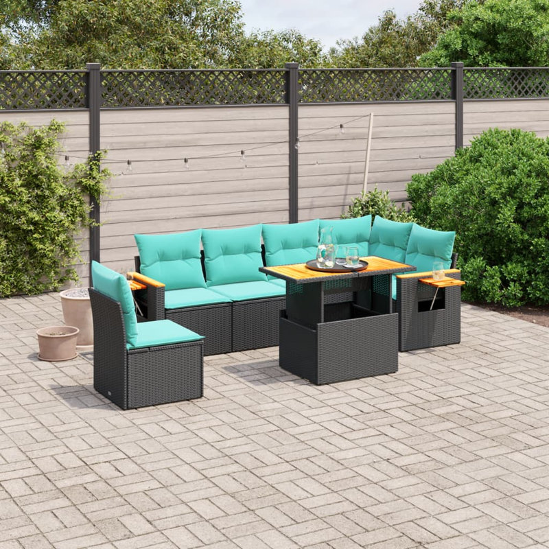  Ensemble de canapé de patio 7 pièces avec coussins en rotin de polyester, Noir, Vert