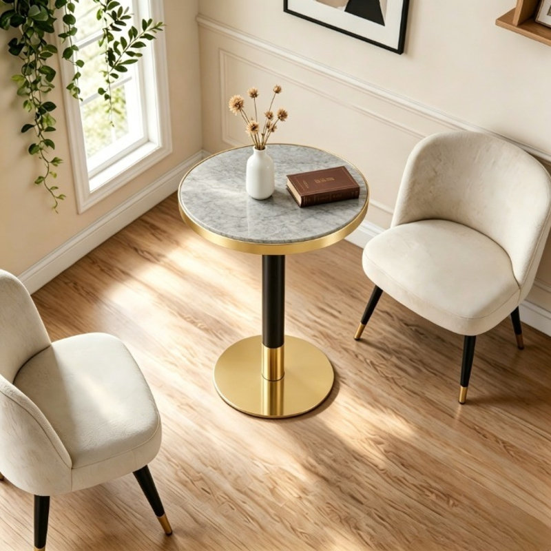 Panneau de fibres à densité moyenne rond de 23,6 po pulvérisé avec un comptoir de peinture UV, texture de marbre, bordure en acier inoxydable, pieds de table en métal, table basse moderne de luxe.
