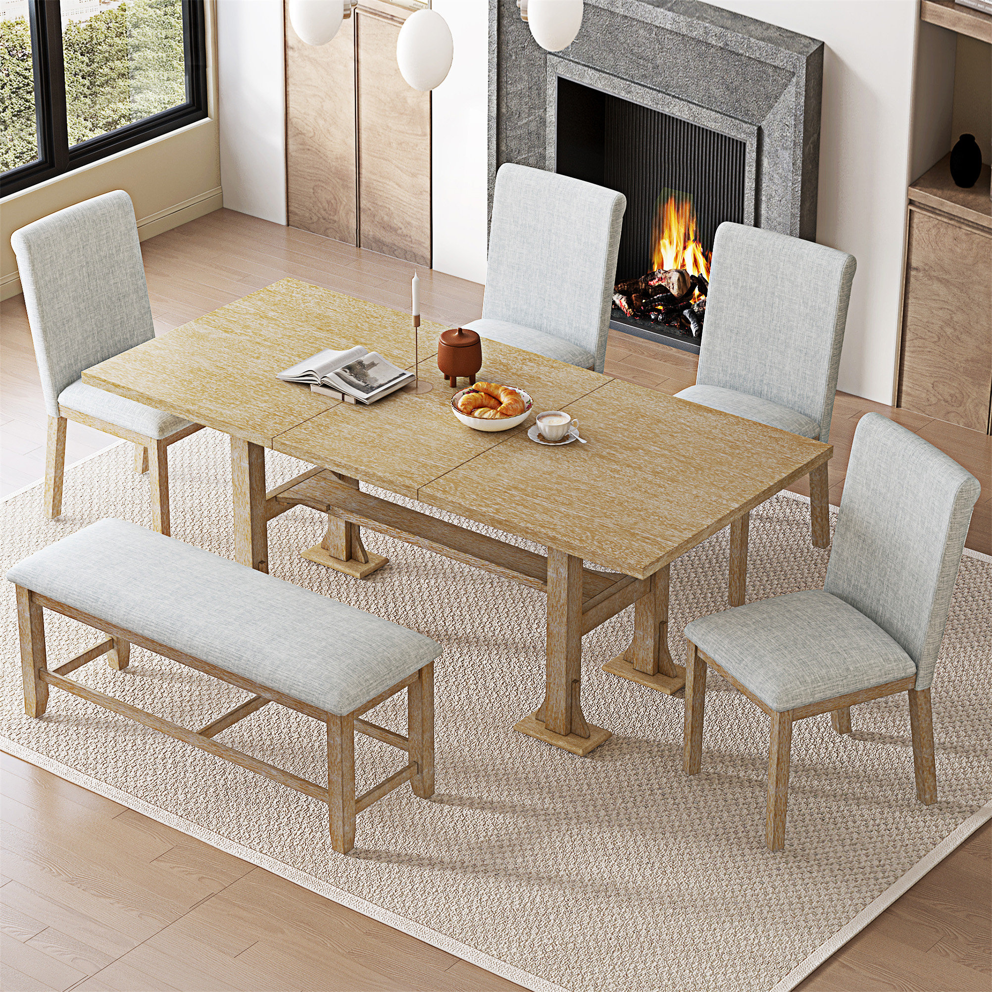 August Grove Farmhouse 76Inch 6Piece Extendable Dining Table Set