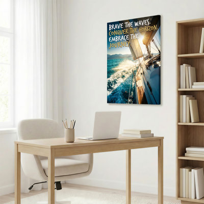 Sailing Boat Ocean Waves Adventure Canvas Wrapped Wall Art Oil Painting Print With Inspirational Quote Brave The Waves Conquer The Horizon Embrace The