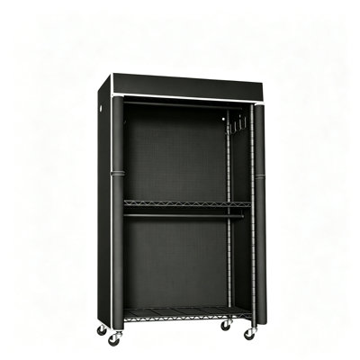 Portant à vêtements autoportant avec housse anti-poussière, garde-robe portative en métal avec tringle à vêtements simple, tablette de rangement, crochets latéraux et roulettes verrouillables, organisateur de vêtements vertical pour la chambre à coucher, buanderie