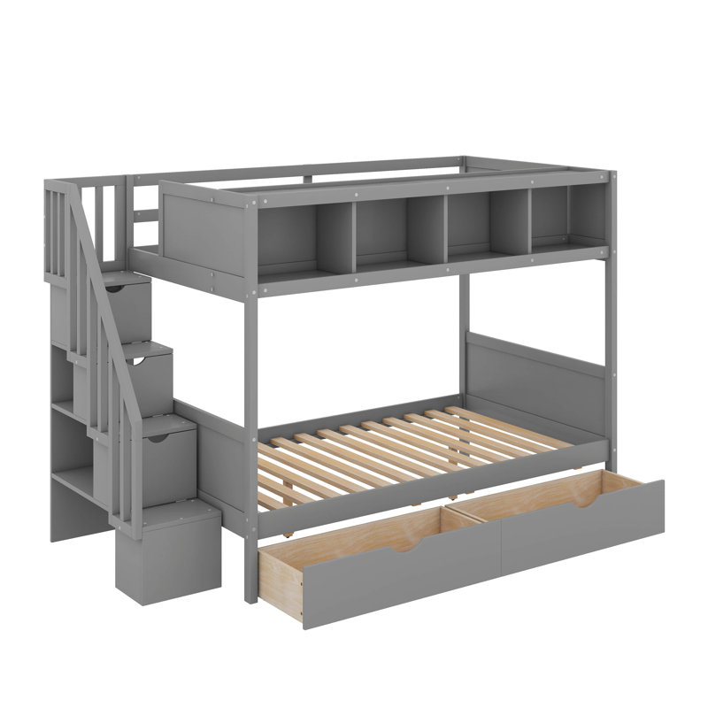Twin Over Full Bunk Bed With Shelfs, Storage Staircase And Drawers, Gray