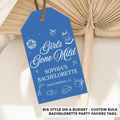 Custom Girls Gone Mild Favor Tags, Blue Sleepover Spa Bachelorette Party Labels, 20 Pack