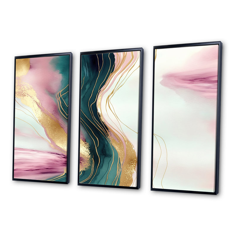 Géode abstraite, marbre rose et vert III, reproduction sur toile 3 pièces, Cadre flottant noir, H 28 po x l 36 po x P 1 po