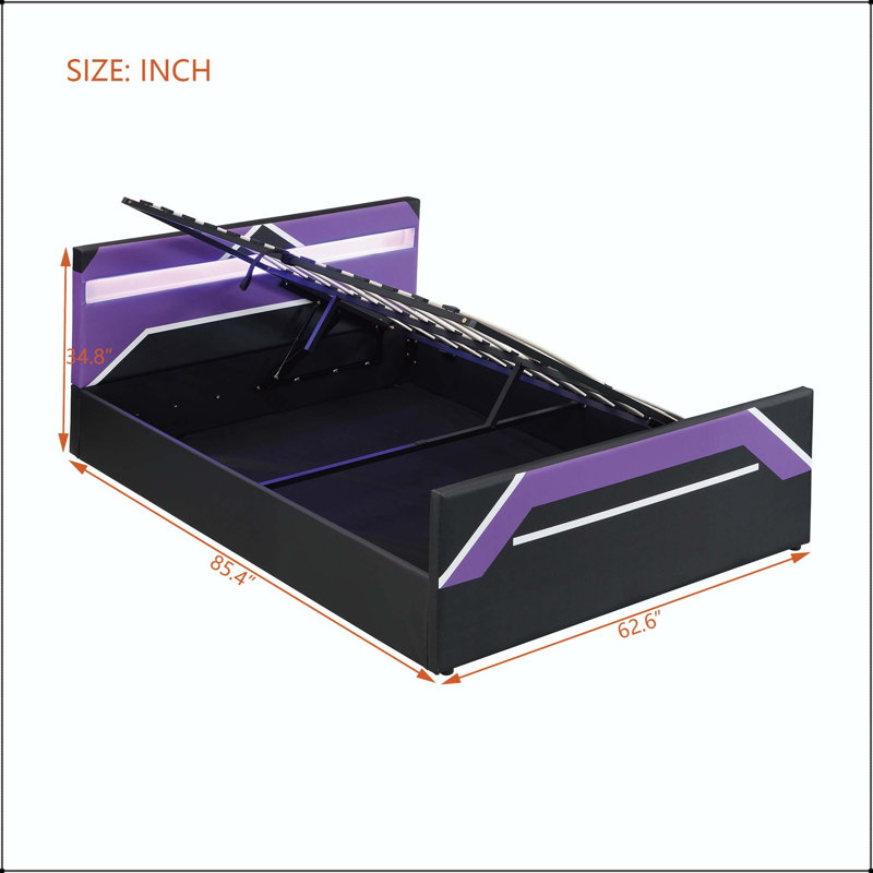 Grand lit de jeu avec tête de lit à DEL 7 couleurs et rangement hydraulique, Mauve et noir