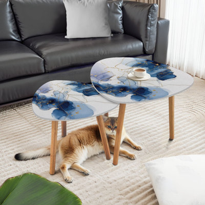 Triangle Nesting Coffee Table Set of 2 Blue marble gold abstract Indigo blue marbling natural luxury style End Table Modern Minimalist Side Table Set for Living Room Bedroom