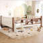 Lit plateforme pour enfants pleine grandeur, conception de bibliothèque de rangement intégrée, fabrication en pin et en panneau de fibres à densité moyenne, beige chaud, aucun sommier tapissier requis