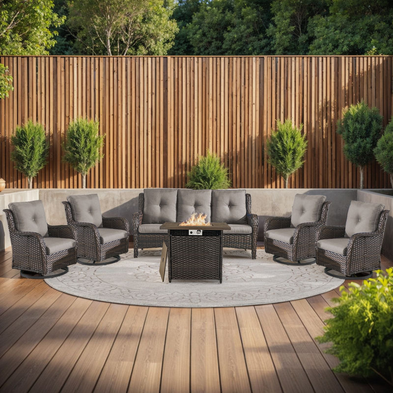 Wendye 6-Piece Outdoor Sofa & Chair Set With 4 Swivel Chairs, Fire Pit Table, Brown, Gray