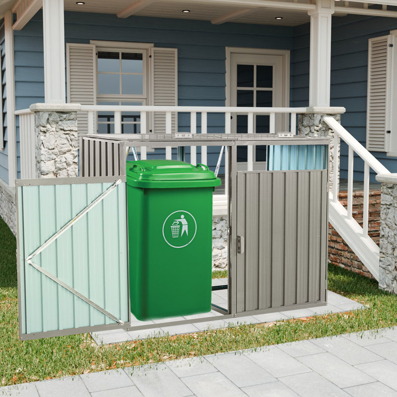 Metal Outdoor Garbage Bin Shed For 2 Trash Cans Gray,stainless Galvanized Steel