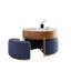 Table basse à plateau relevable moderne avec plateau en faux marbre, rangement caché et 3 repose-pieds gigognes en cuir bleu marine