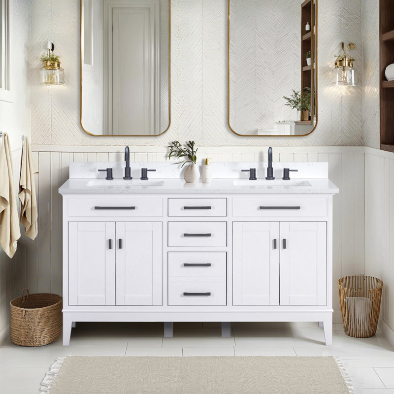 Meuble-lavabo double 60 po Anglet, Blanc, Blanc cala