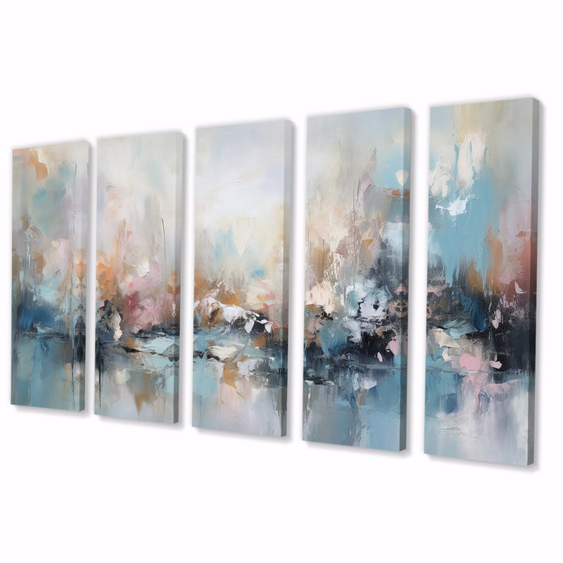 «Grey and Blue Vivid Waves Fuild II» - peinture abstraite, art mural 5 pièces, H 28 po x l 60 po