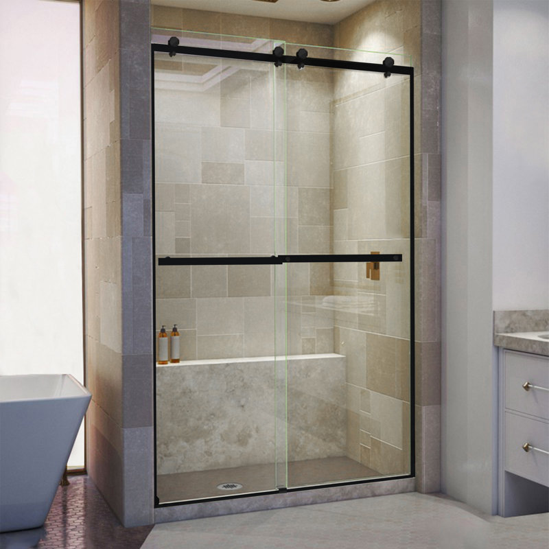 60" x 79" Matte Black Frameless Double Sliding Shower Door with Clear Glass