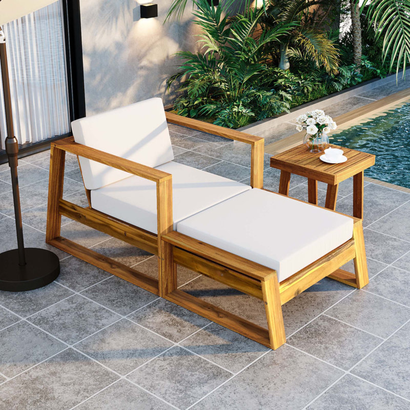 Acacia Wood Outdoor Lounge Set - Chair and Ottoman with Removable Cushions, All-Weather Outdoor Chair, Beige