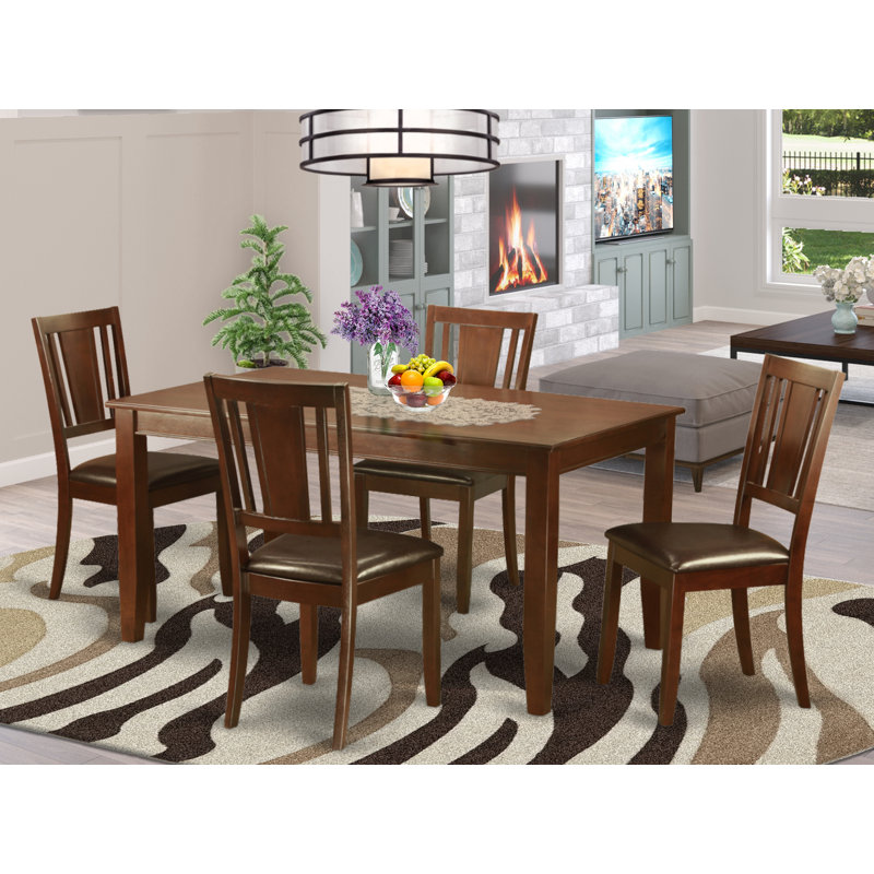 Ensemble de table de salle à manger 5 pièces comprenant une table de cuisine rectangulaire et 4 chaises de salle à manger rembourrées en similicuir, acajou 