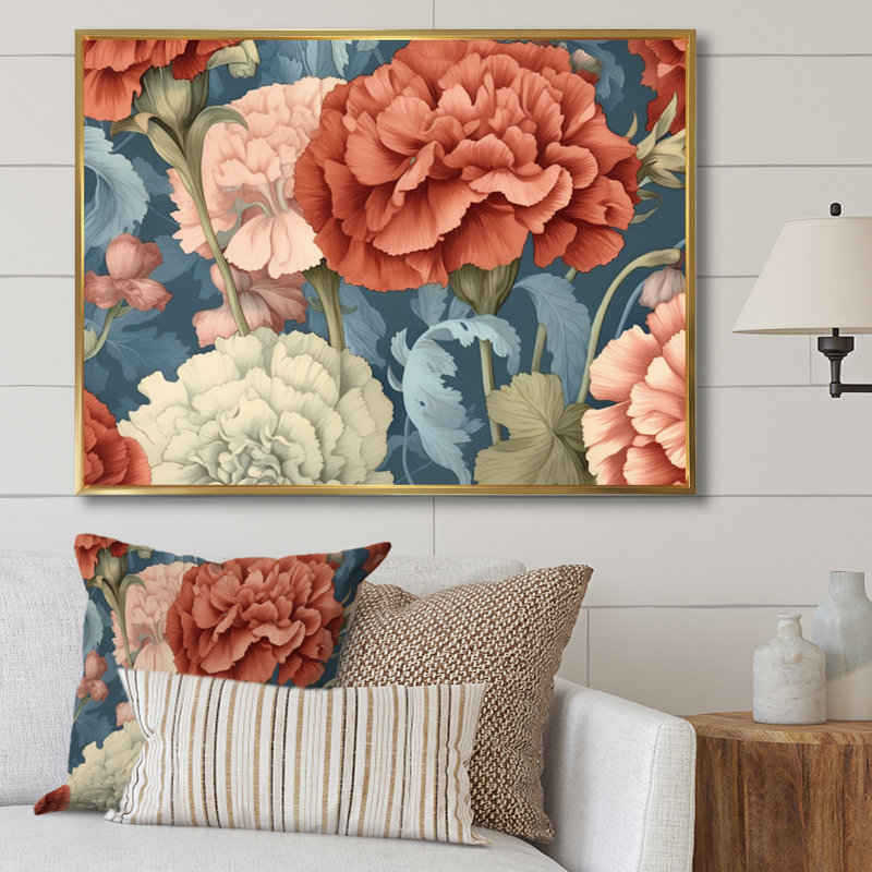 «Coral Blue Carnations Harmony I» sur toile, 34" H x 44" W, Cadre flottant doré