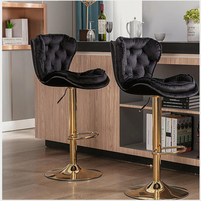 Ensemble de tabourets de bar 2 pièces, avec repose-pieds chromé et velours mécanique à hauteur réglable + tabouret de bar simple à pattes dorées - noir