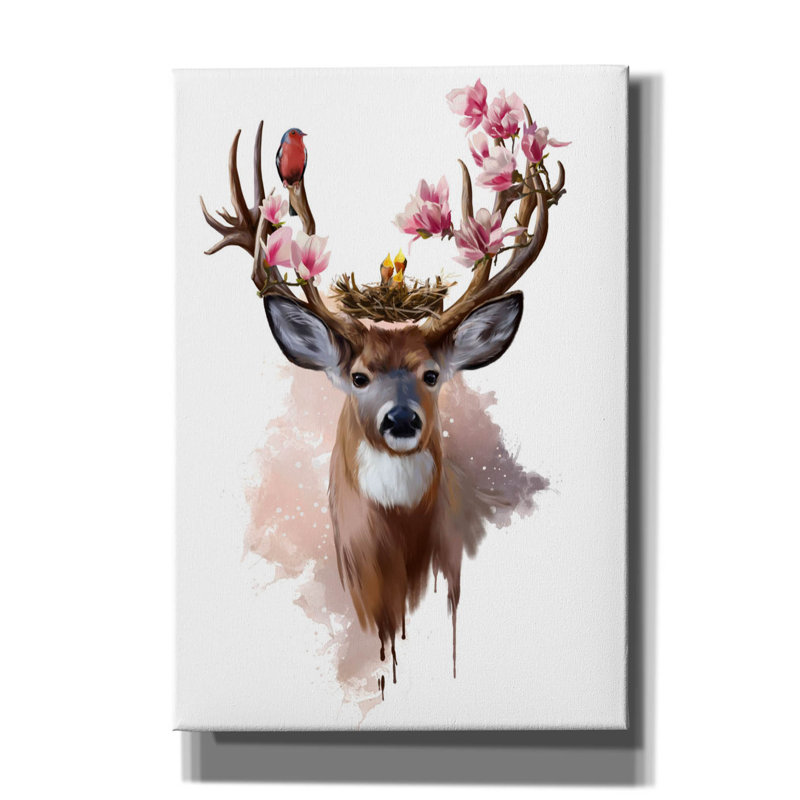 Art mural en toile Epic Graffiti «Deer Red-crocodile et fleurs» par Kajenna Art, 18 po x 26 po, H 26 po x l 18 po