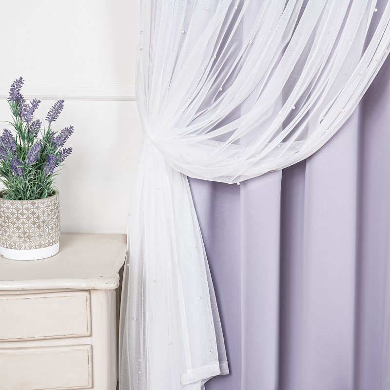 Pearl Beaded Tulle Overlay Room Darkening Grommet Curtains (Set Of 2), Lilac, 52" W x 96" L 