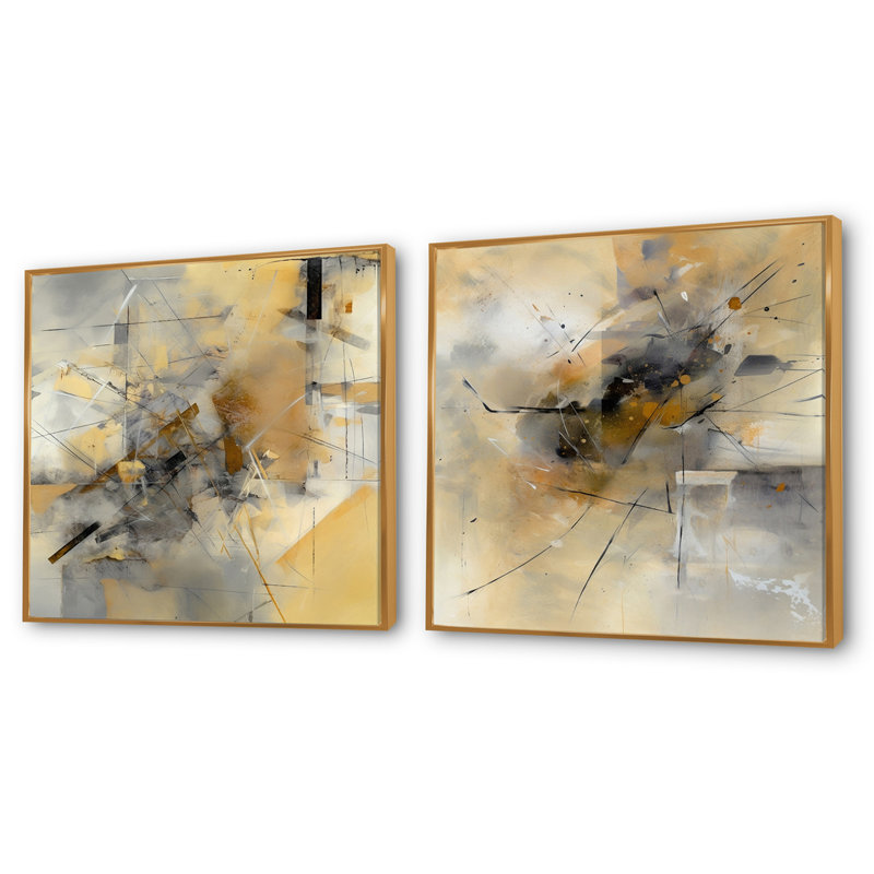 Jaune et gris au-delà de la toile - ensemble de 2 collages carrés de peinture abstraite, Cadre flottant doré