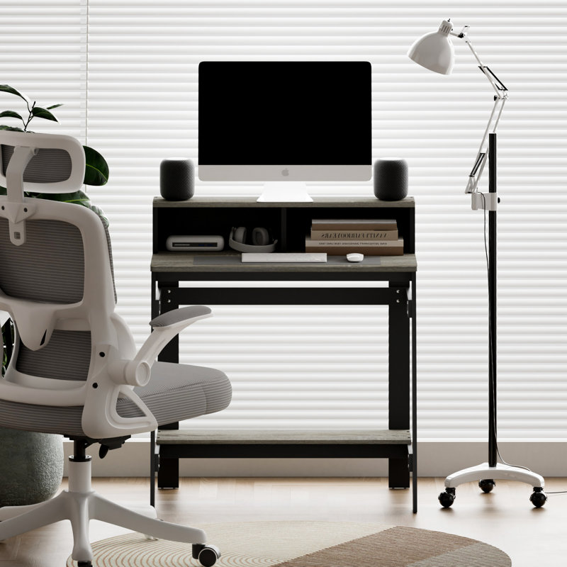 Bureau d'écriture simpliste à structure en A pour bureau personnel ou petit espace avec huche, noir / gris chêne français