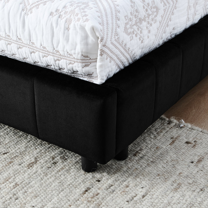 Structure de lit tapissier en velours noir - pleine grandeur avec support et pour chambre à coucher