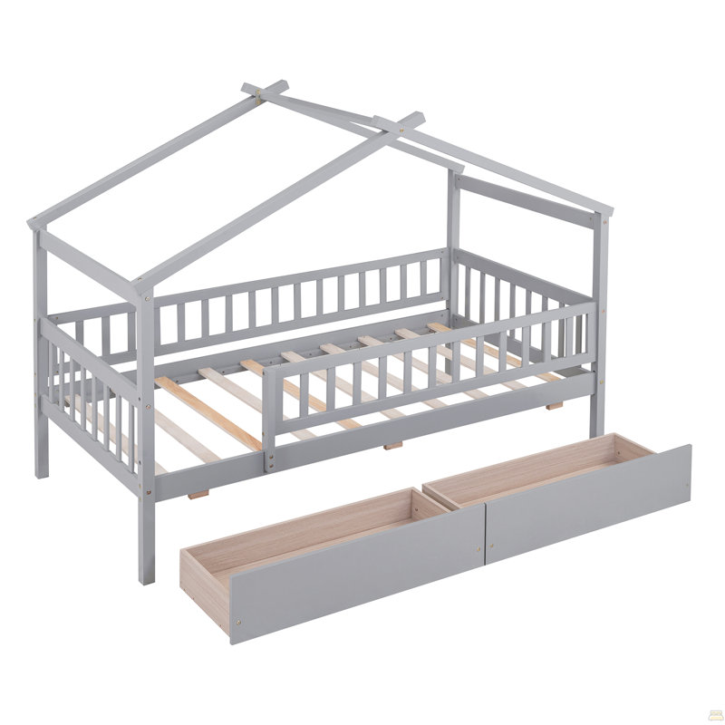 Lit simple en bois avec deux tiroirs, Gris