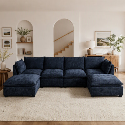 Canapé d'angle convertible 4 places en chenille avec 2 poufs et coussins décoratifs, canapé profond de style nuage pour salon, bleu