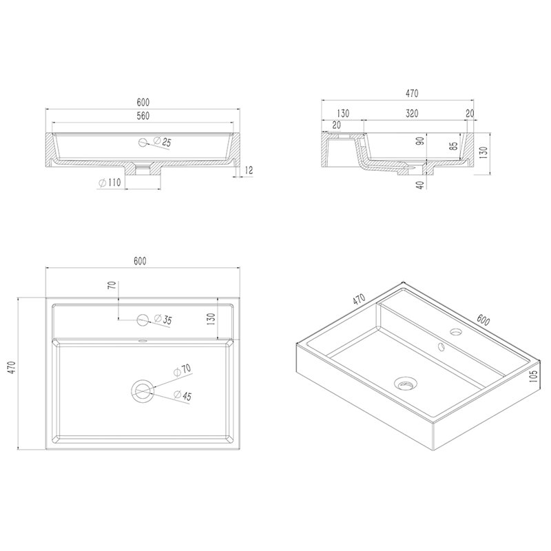 Pensen 18.5'' Matte White Solid Surface Rectangular Bathroom Sink with Overflow