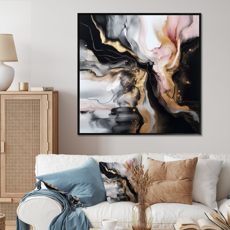 «Black Gold Marble Splash I», art mural abstrait en marbre, Impression noire sur toile encadrée, H 16 po x l 16 po x P 1 po