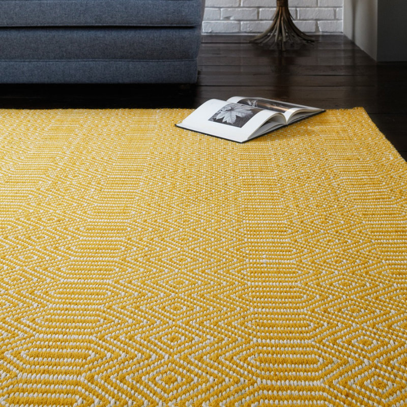 Mustard Geometric Handmade Modern Easy To Clean Rug Dining Room Bedroom And Living Room, Wool/Cotton, Rectangle 100 x 150cm