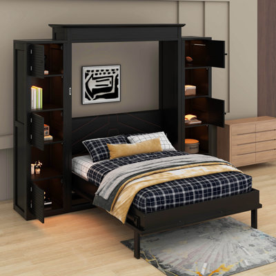 Murphy Bed With Storage Shelves And LED Light, Solid Wood Murphy Wall Bed With Storage Cabinet Shelves