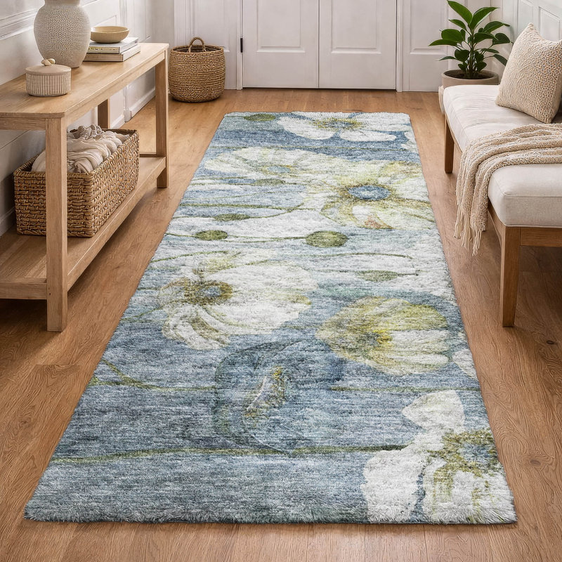 Tapis floral à poils longs de qualité supérieure lavable à la machine ADS712, Bleu, Tapis de couloir 2 pi 3 po x 7 pi 6 po