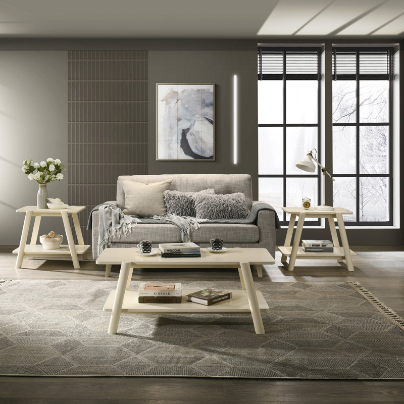 Ensemble de 3 tables basses, 2 tables basses et 2 tables de bout, fini blanc cassé, Off-White