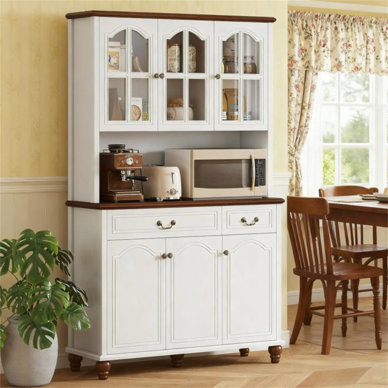 Buffet de cuisine blanc avec 6 portes, 2 tiroirs et 3 tablettes réglables à 3 niveaux