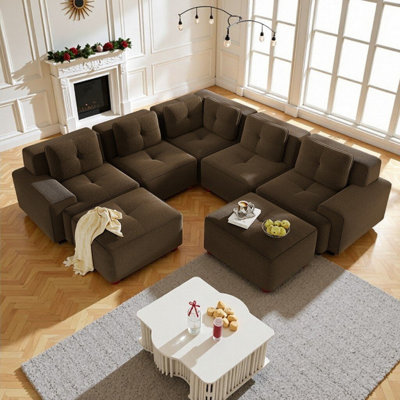 Canapé modulaire modulaire à 5 places avec repose-pieds, tissu velours côtelé, assise profonde, aucun assemblage requis