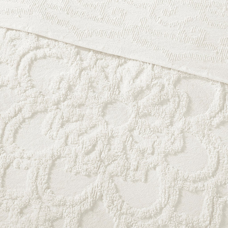 Couvre-lit à médaillon en coton chenille, Très grand / très grand édredon + 2 taies déco, Blanc cassé
