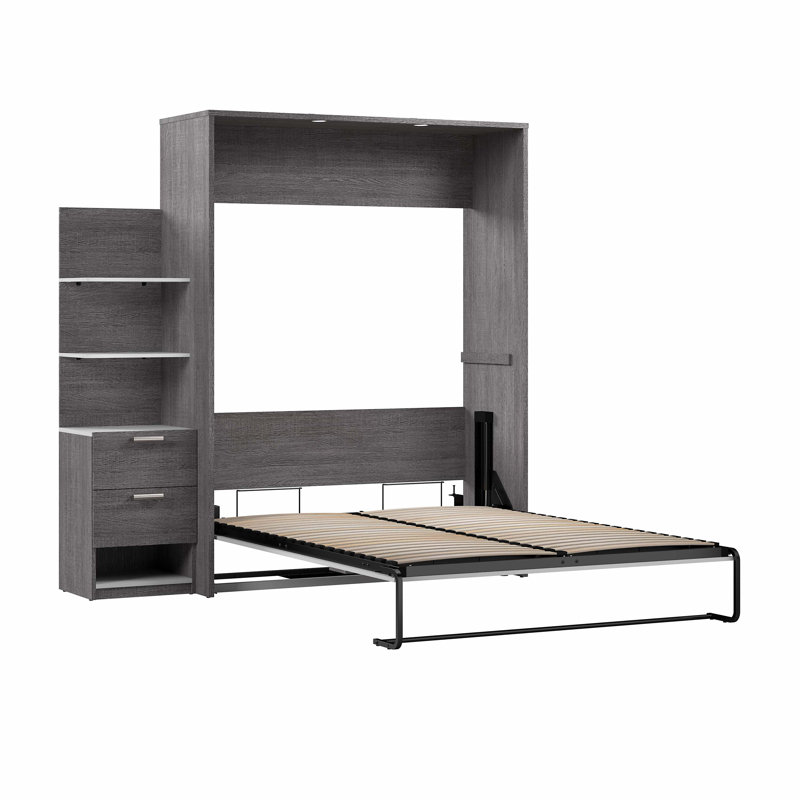 Osterman Storage Murphy Bed with Nightstand and Floating Shelves, Queen, Bark Gray