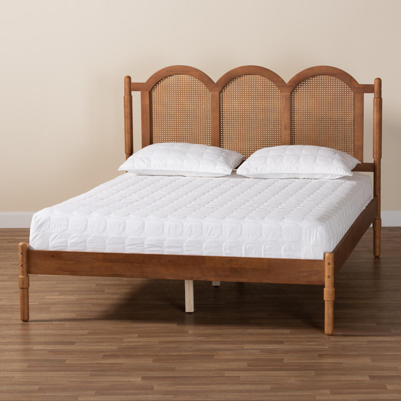 Walnut Brown Wood Queen Platform Bed with Woven Rattan Headboard