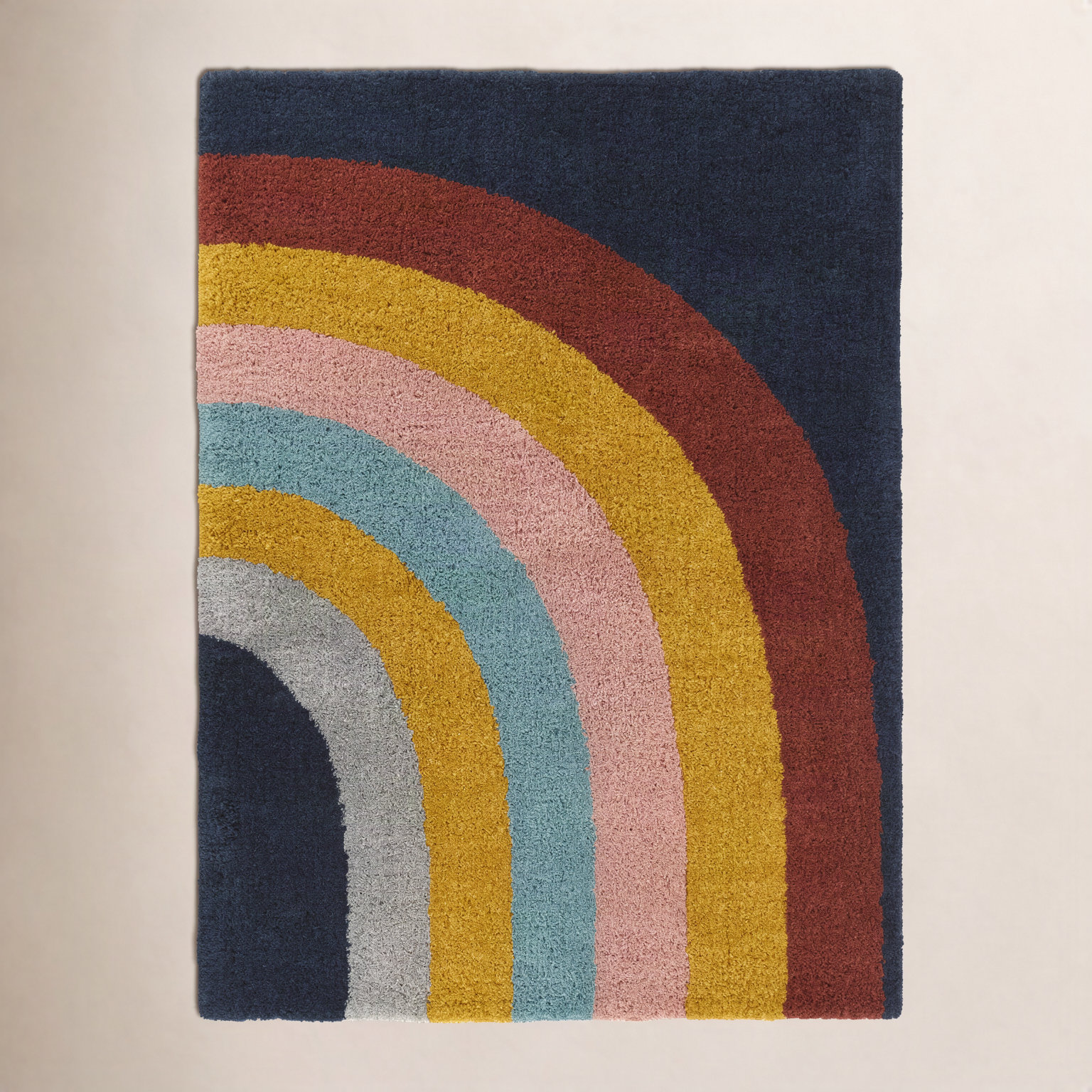 Olanda Rainbow Striped Shag Rug, Navy Rainbow, Rectangle 7'10" x 10'
