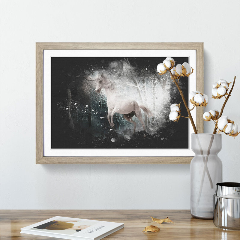 White Horse Rearing in a Winter Forest - Picture Frame Graphic Art Print, Oak Framed, 62cm H x 87cm W x 2cm D