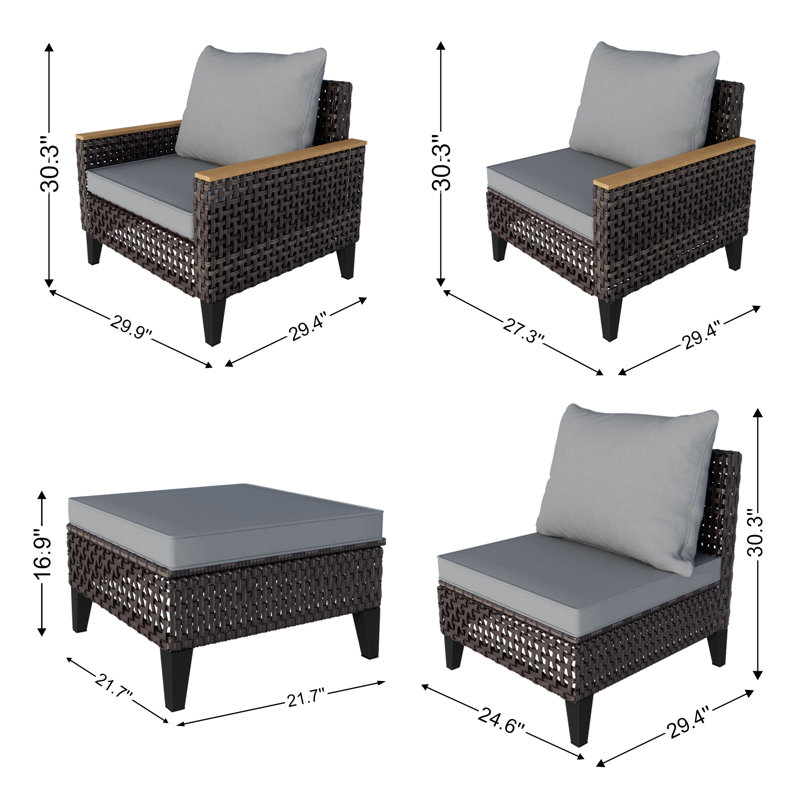 14 Pieces Patio Furniture Set, Wicker Rattan Outdoor Conversation Sets With 4 Ottomans (Gray Cushions), Gray