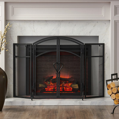 Iron Folding Fireplace Screen With 2 Doors And Tools, Matte Black, 50.5X32x5.5 In Easy Access 50.5In X 32In 5.5In
