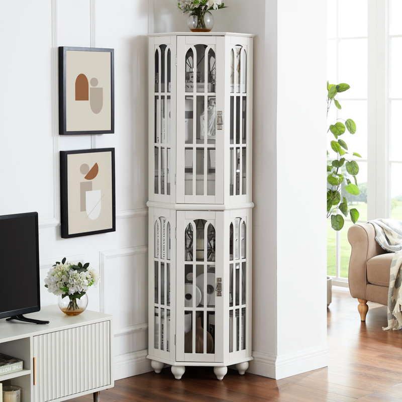 Armoire vitrée d'angle en bois massif avec présentoir éclairé et tablettes en verre amovibles 4 lumières réglables, couleur blanche