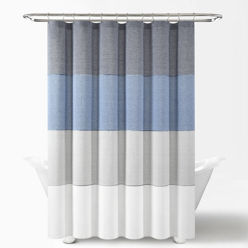 Lush Decor Color Block Ombre Yarn Dyed Cotton Blend Shower Curtain, Navy/White/Blue/Gray