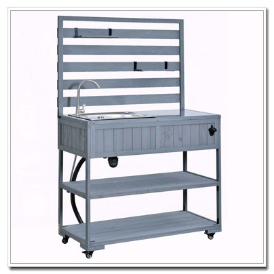 41.7'' Large Patio Rolling Kitchen Island Solid Wood Kitchen Cart with Sink, Garden Potting Bench with Stainless Table Top